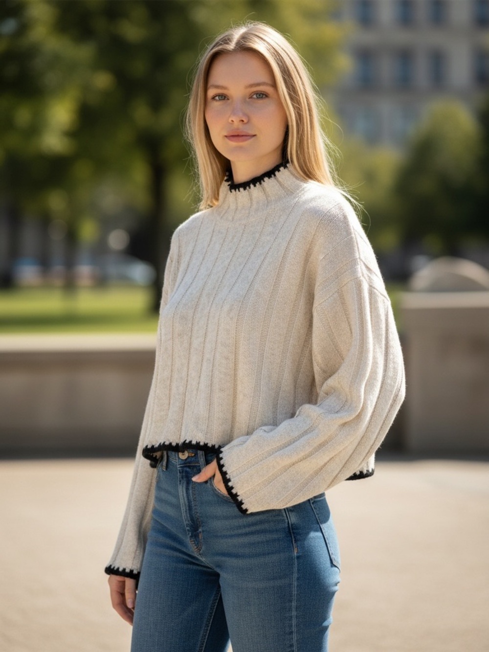 Only // Cropped Cream Ribbed Sweater with Black Trim // Women